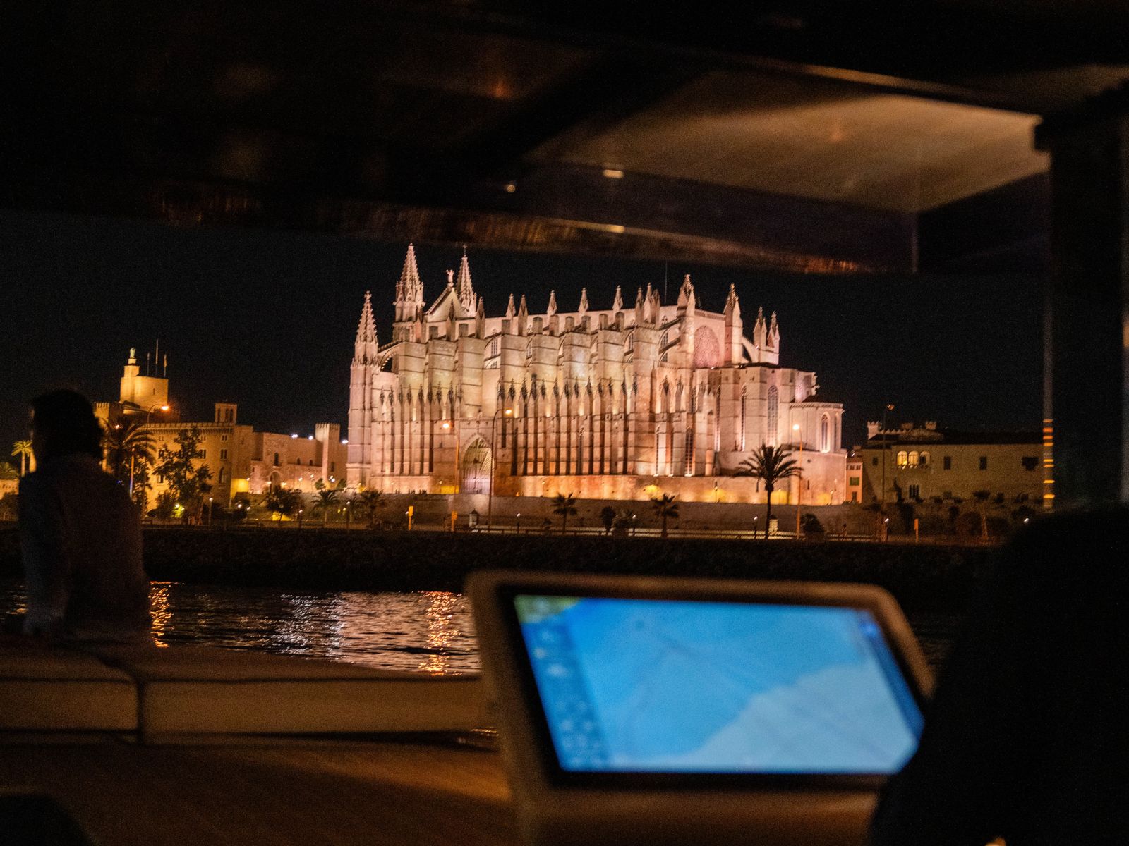 Palma Cathedral at night, seen from the helm of the SAMAR 50