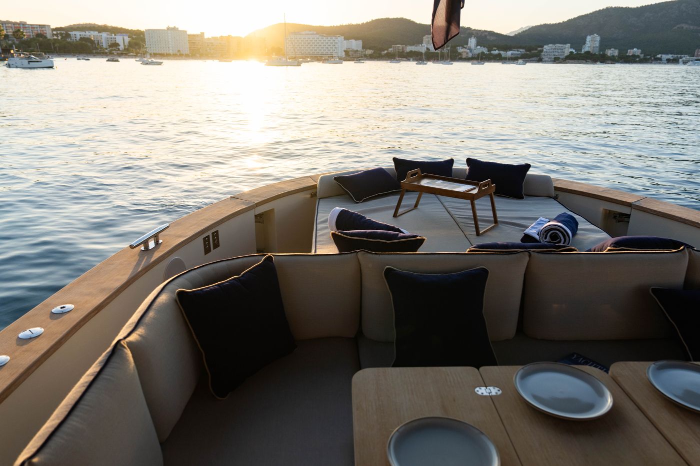The bow lounge of the SAMAR 50 at sunset